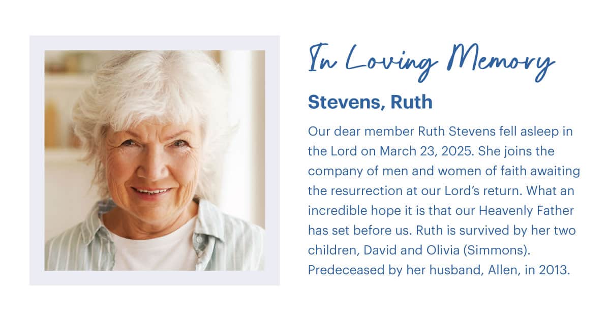 Memorial page for an older woman, featuring her portrait on the left and a written remembrance about her life, faith, and family on the right.