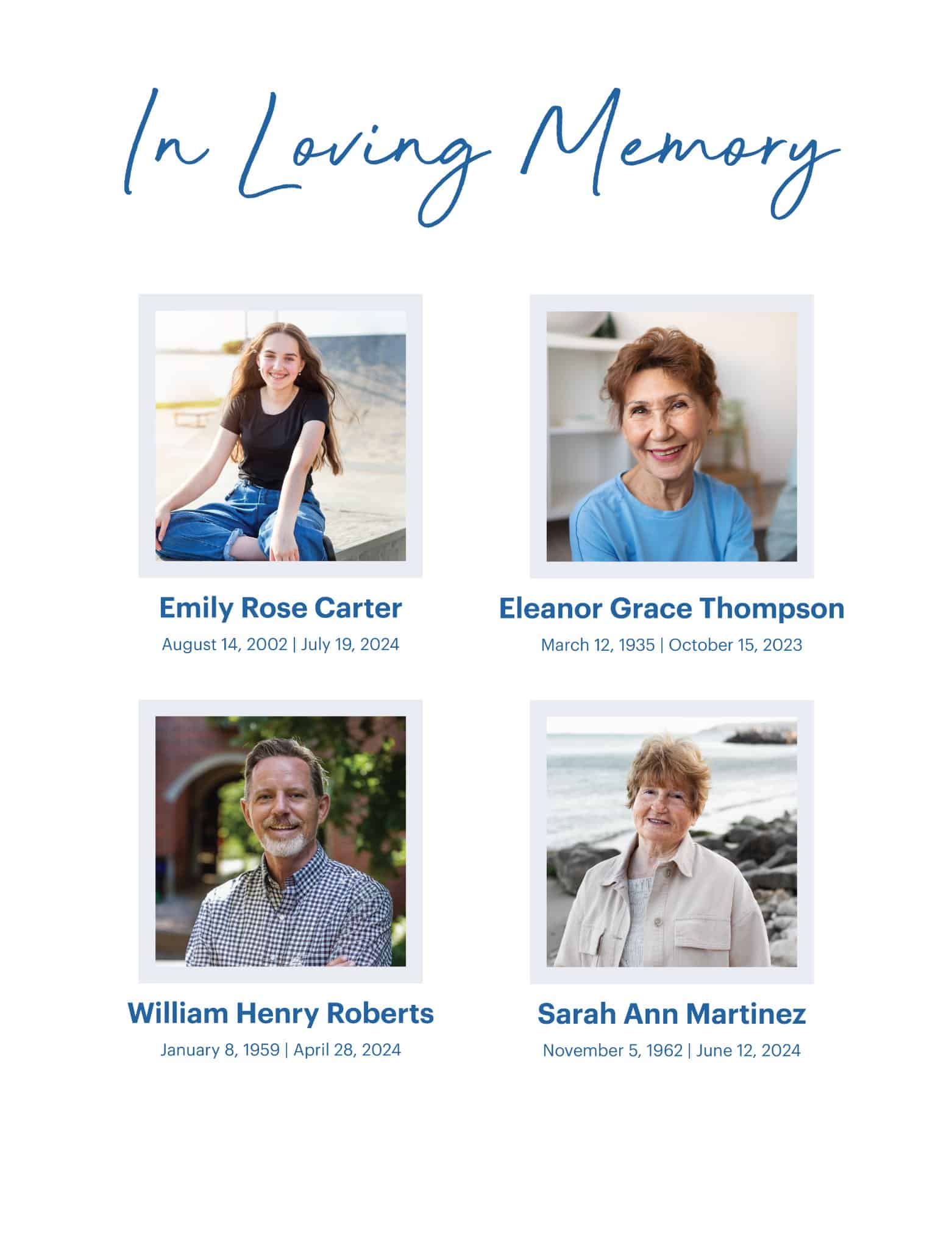 ‘In Loving Memory’ title above four photo memorials, each showing a person’s portrait with their name and birth and death dates.