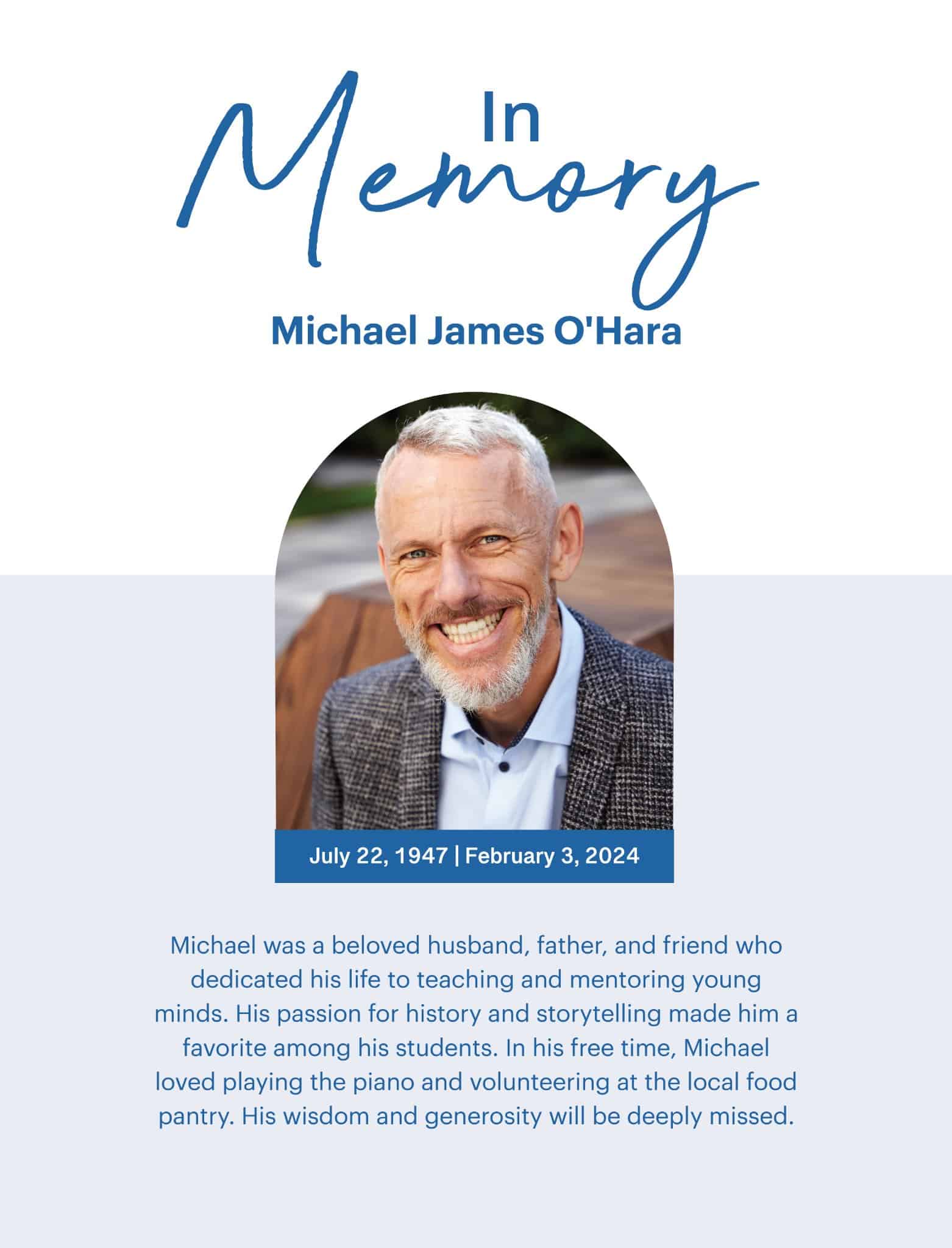 Memorial page featuring a man’s portrait, his name and dates, and a written tribute describing his life, family, and service.