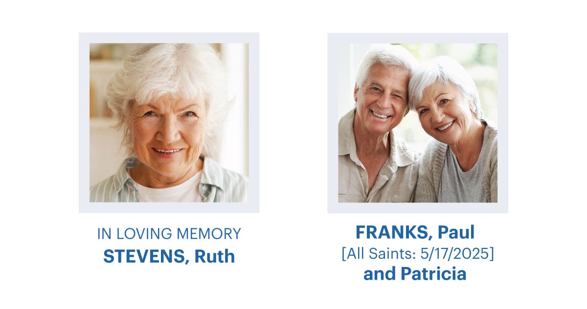 Two memorial photos: on the left, a smiling older woman with the caption ‘In Loving Memory’; on the right, an older couple smiling together with their names listed beneath.