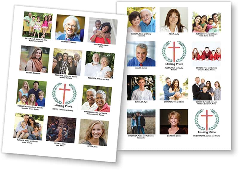 Church directory sample pages showing church logo as image placeholders