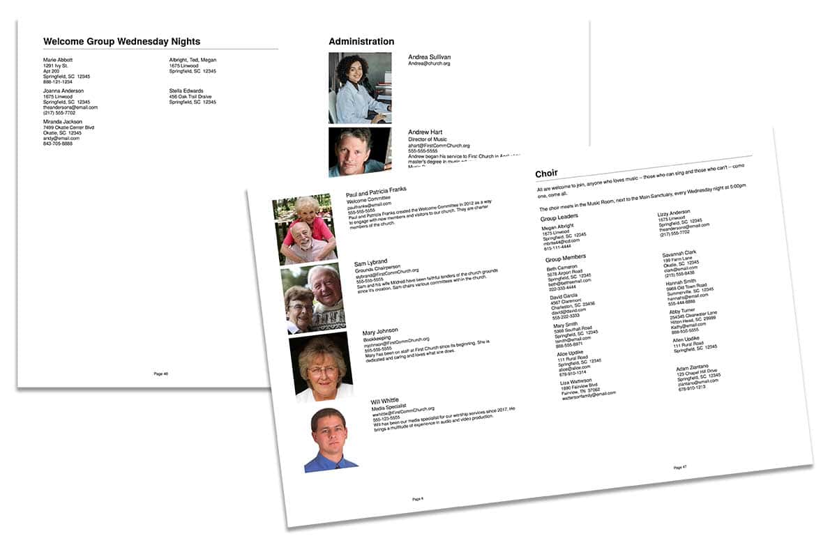 Examples of improved Instant Church Directory PDF pages in booklet format with ministry groups, staff photos and contact information