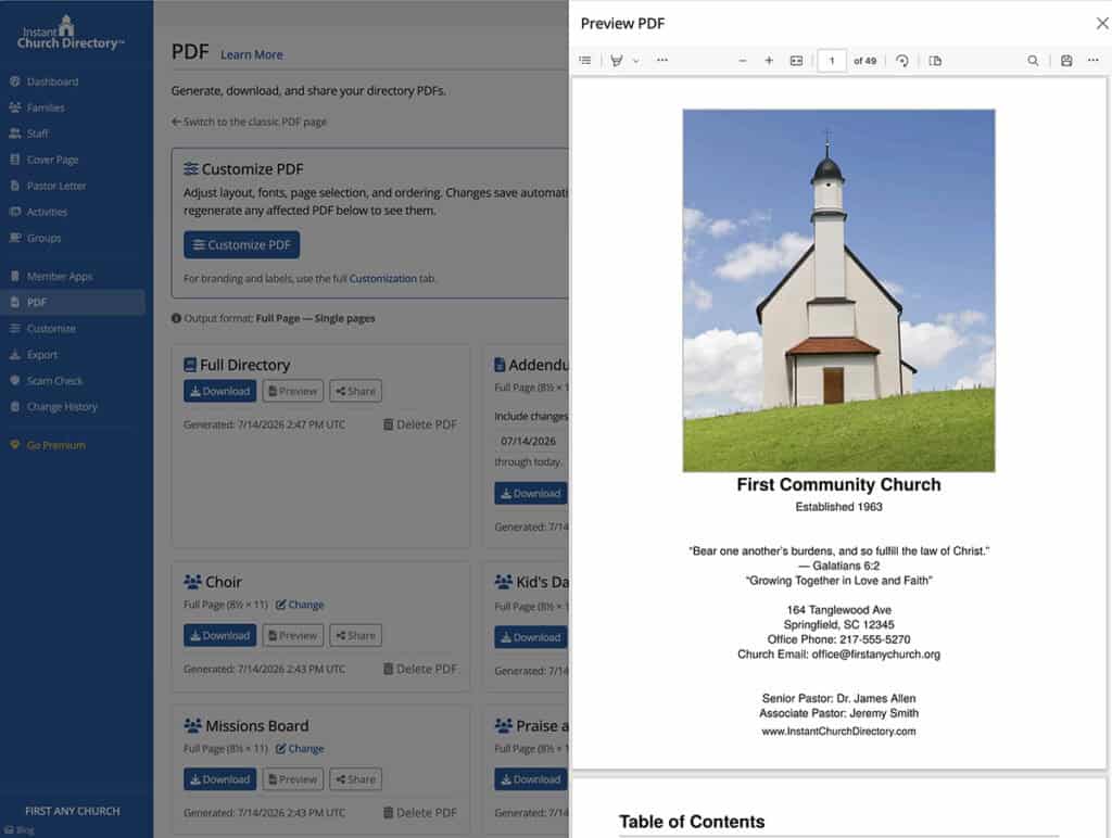 Instant Church Directory PDF preview showing the church cover page and table of contents before downloading