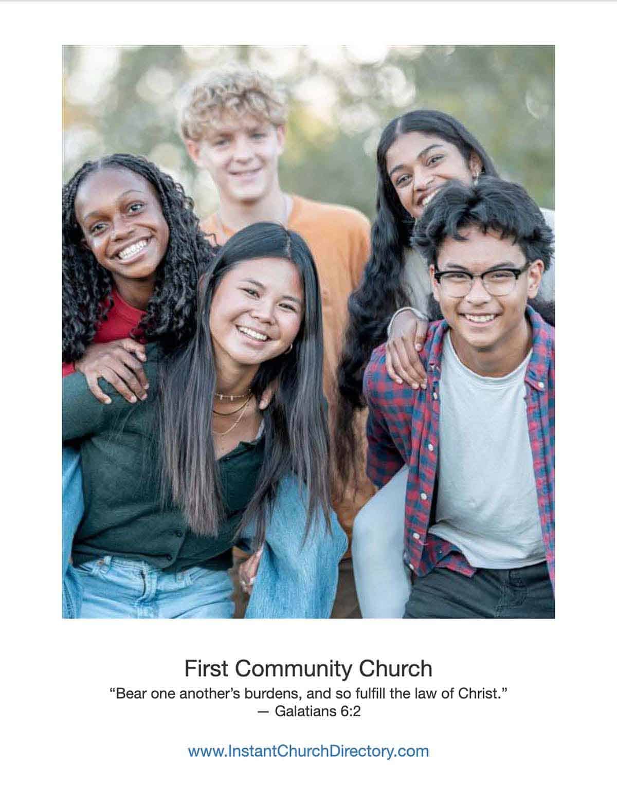 Church directory cover featuring smiling teens gathered together in fellowship.