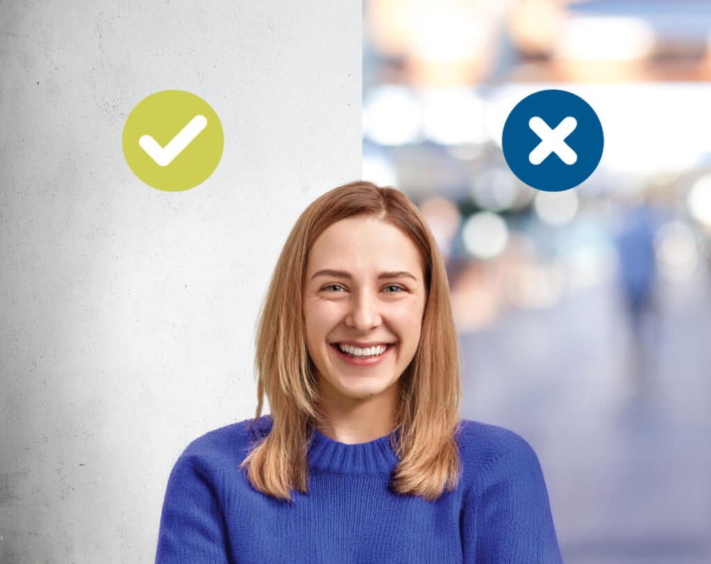 Woman smiling in a church directory photo example showing correct and incorrect photo styles.