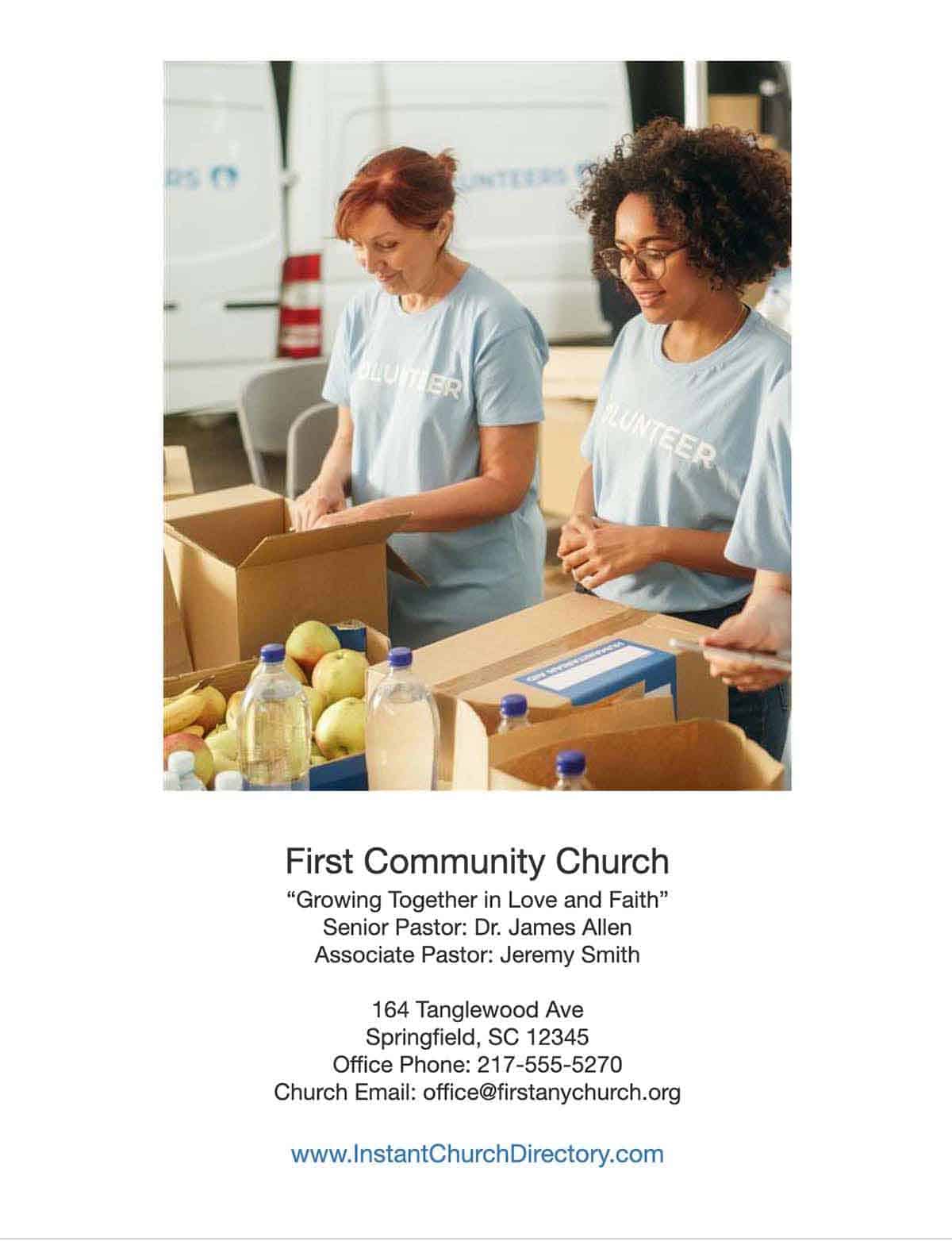 Church directory cover featuring volunteers packing food donations for community outreach.