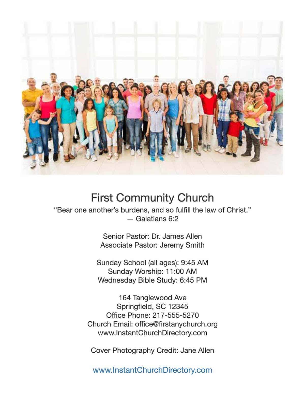 Church directory cover featuring a large group photo of the congregation with church information.