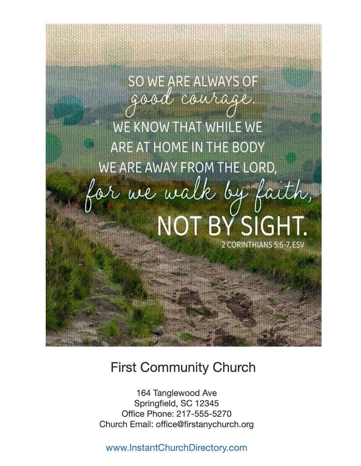 Church directory cover featuring a faith-themed image with 2 Corinthians 5:6–7 and church contact information.