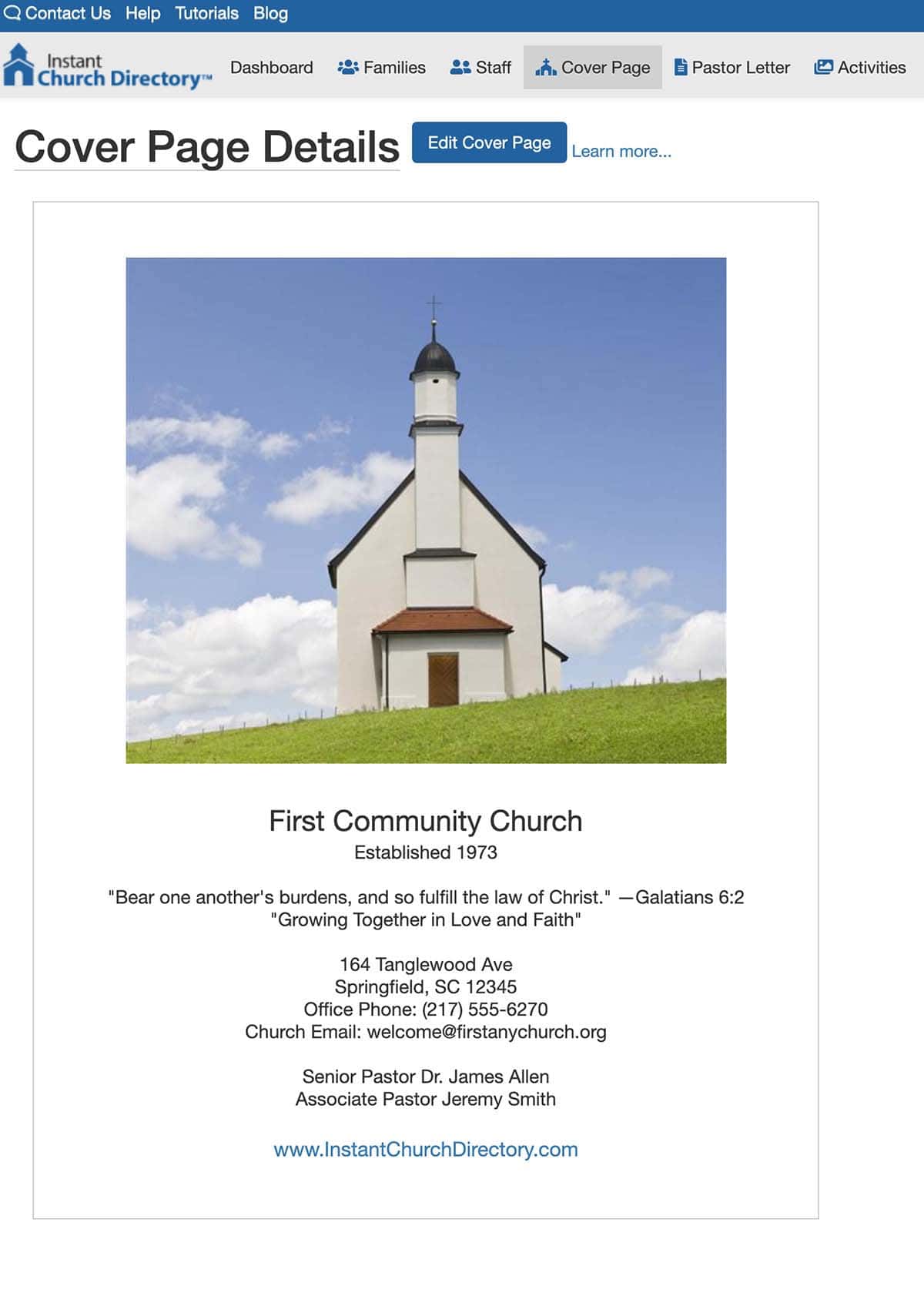 Example church directory cover with church photo, church name, scripture and contact information.