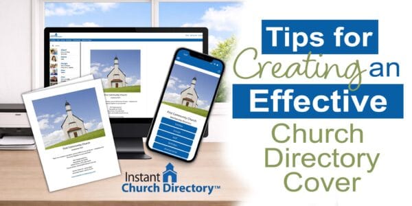 Church directory cover examples shown on print, desktop and smartphone screens.