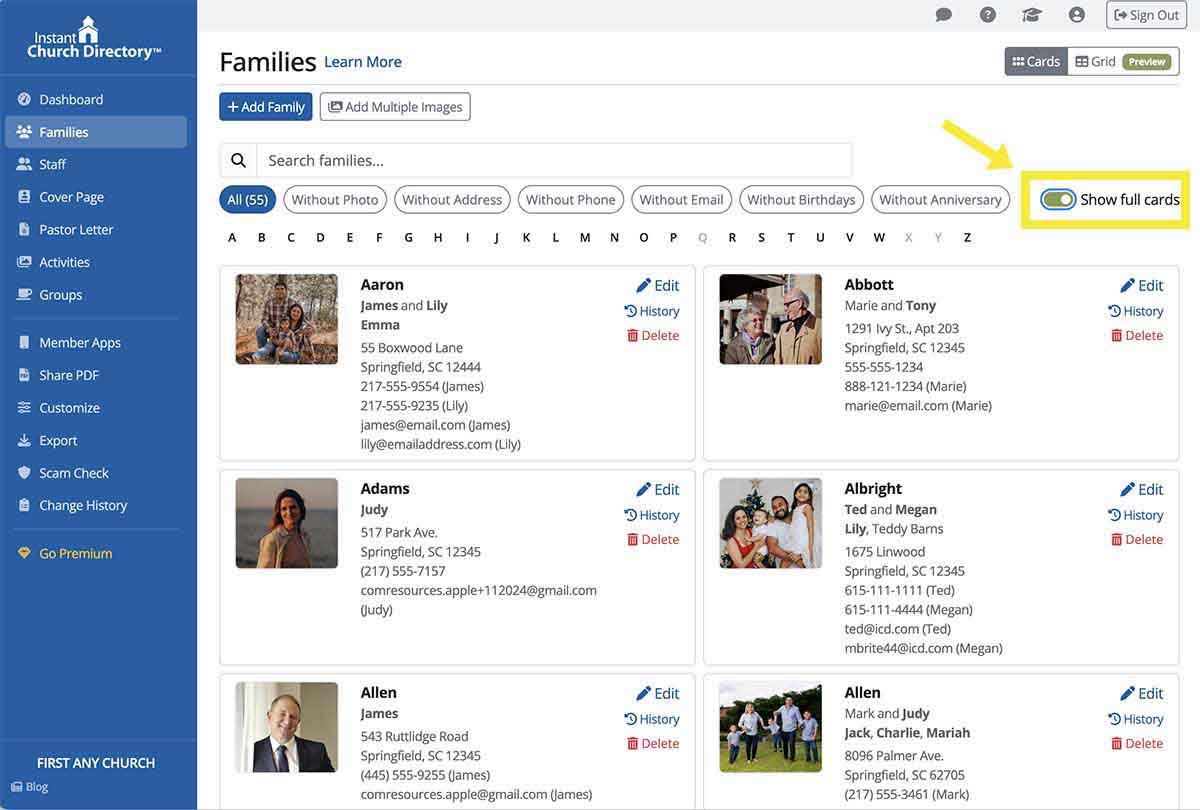 Family management screen in Instant Church Directory showing card view layout with family photos, contact information, and the option to display full cards.