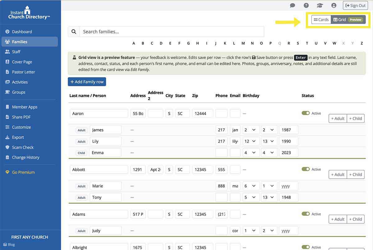 Grid view editor in Instant Church Directory displaying family records in spreadsheet-style format for quick updates and administration.