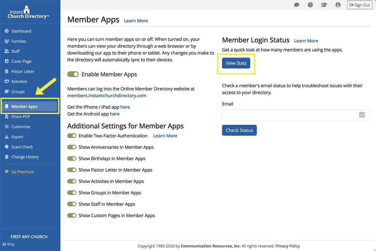 Member Apps settings page in Instant Church Directory showing app activation options, member login status tools, and mobile app configuration settings.