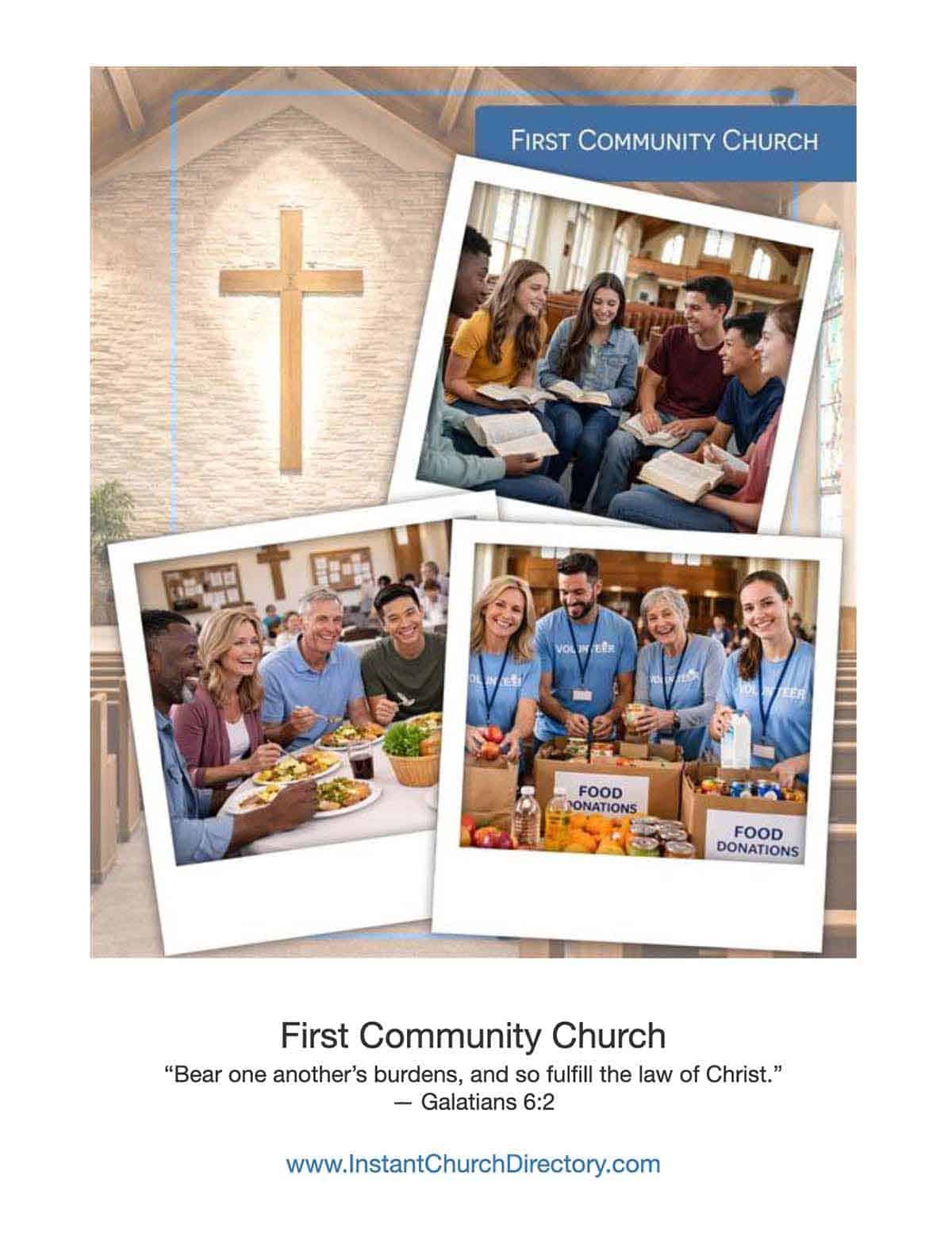 Church directory cover collage showing worship, Bible study, fellowship meal and volunteer outreach.