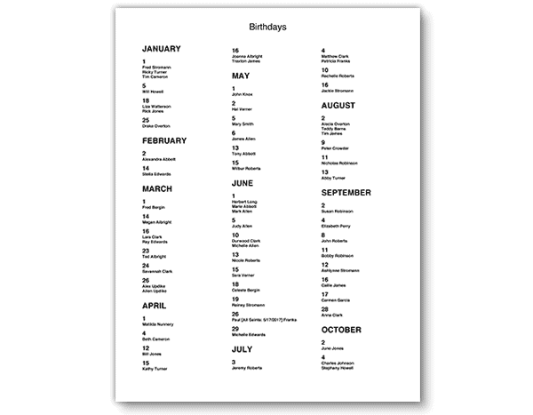 Church Directory Template - Birthdays Listing Page