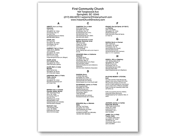 Church Directory Template - Roster Page with No Photos